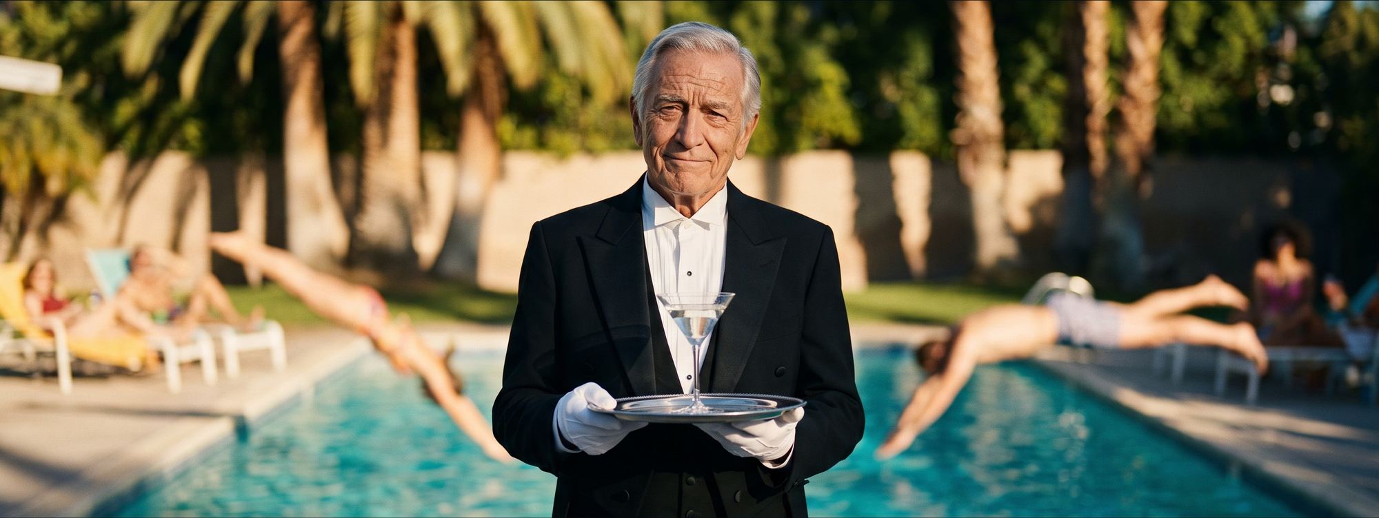 An older butler in white tie stands centre frame holding a single martini on a silver tray, unbothered, while a poolside party goes on behind him.